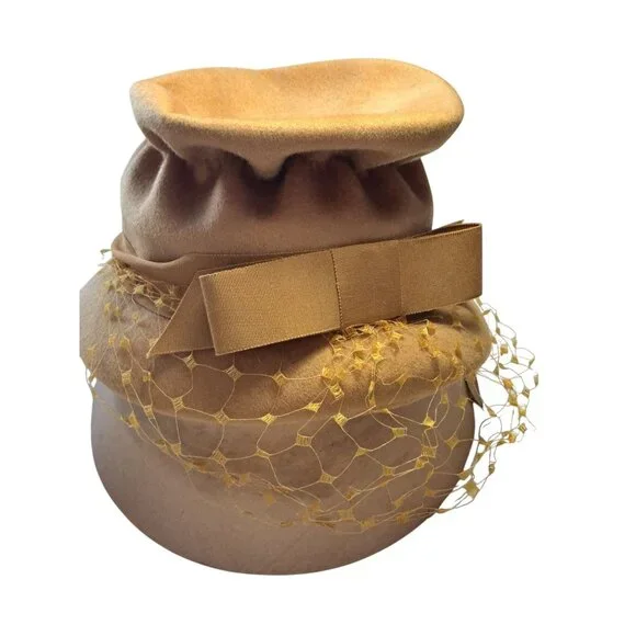 Vtg Glenover Derby Wool Cloche Hat With Netting & Bow Women's Gold Union Made - Picture 1 of 13